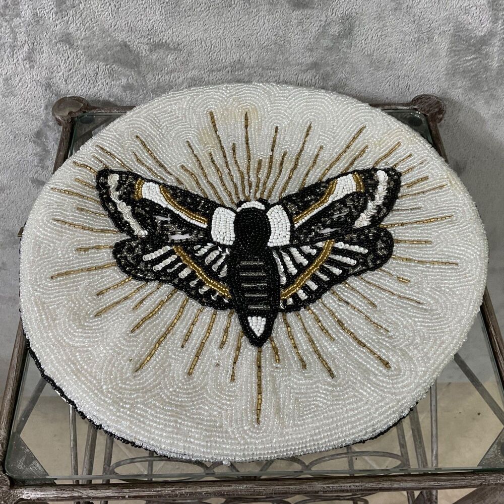 Moth Decorative Round Beaded Pillow cover only Butterfly Blk/wht/gd. Accent 13"